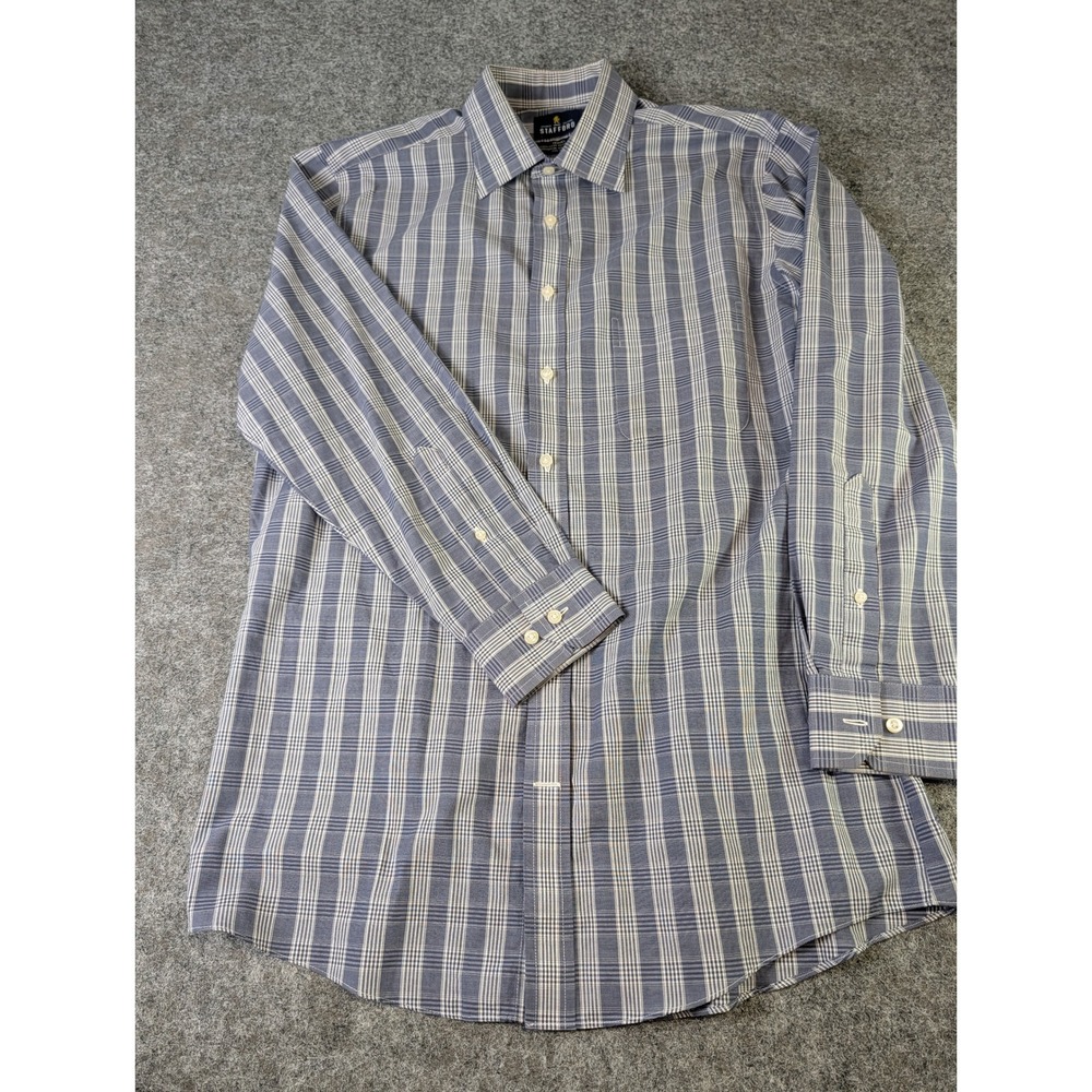 Stafford Travel Easy-Care Broadcloth Blue Plaid Fitted Dress Shirt 16 32-33